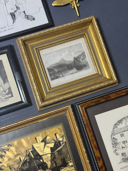 Vintage Gallery Wall Set: Gold & Black Frames with Resin Dragonfly