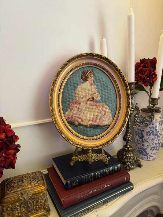 Cannes Oval Gold Resin Frame with Vintage Embroidery Artwork