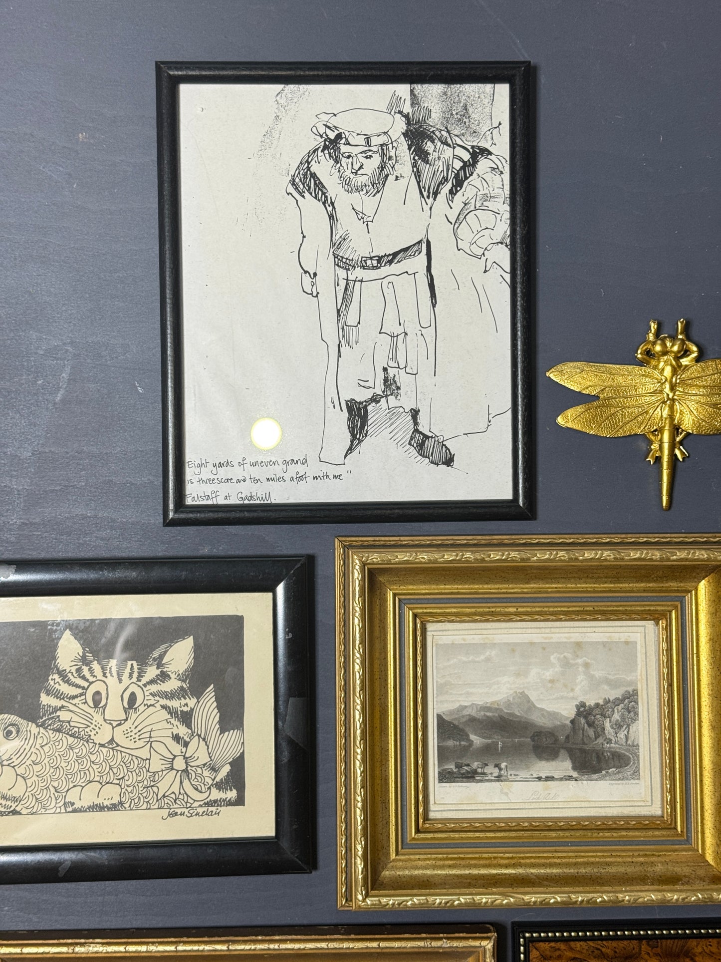 Vintage Gallery Wall Set: Gold & Black Frames with Resin Dragonfly