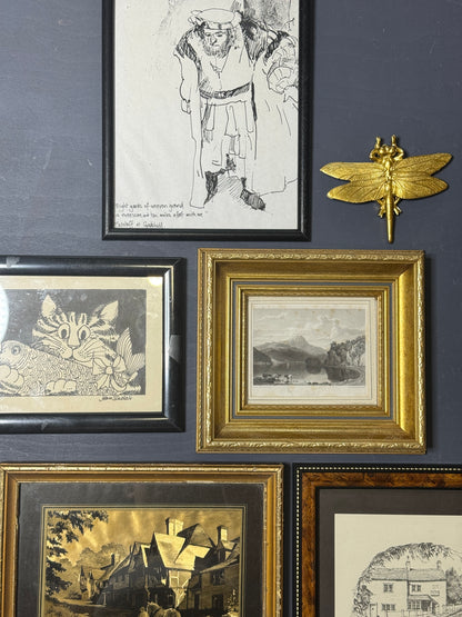 Vintage Gallery Wall Set: Gold & Black Frames with Resin Dragonfly