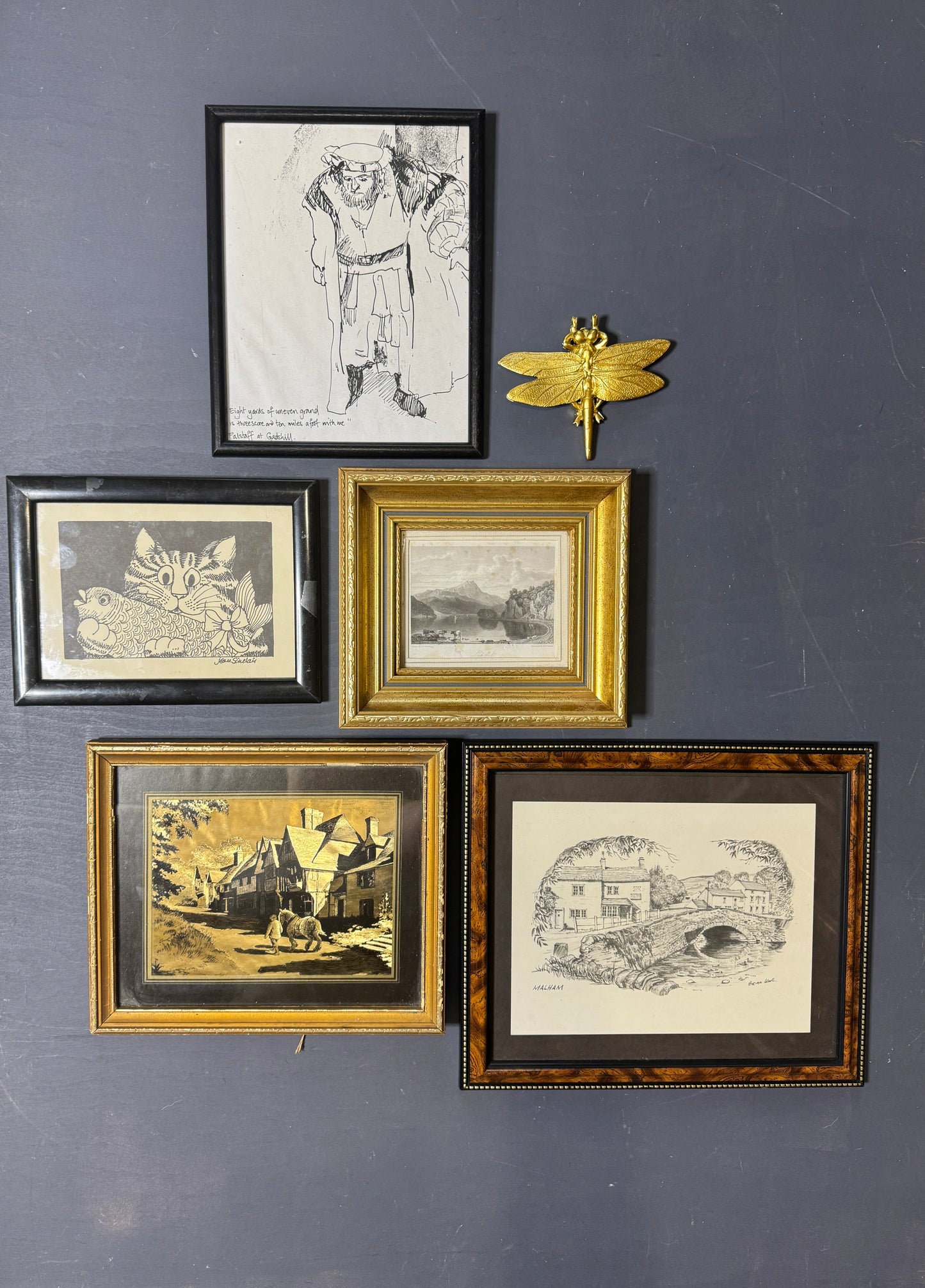 Vintage Gallery Wall Set: Gold & Black Frames with Resin Dragonfly