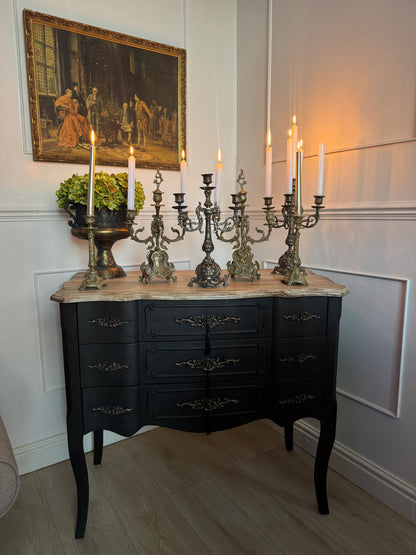 Upcycled French-Style Curved Chest of Drawers | Black Noir Vintage Dresser