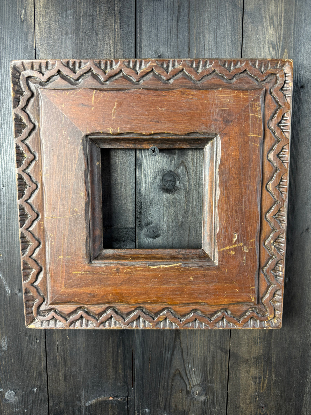 Vintage Folk Carved Wooden Frame – Rustic European Chip Carving