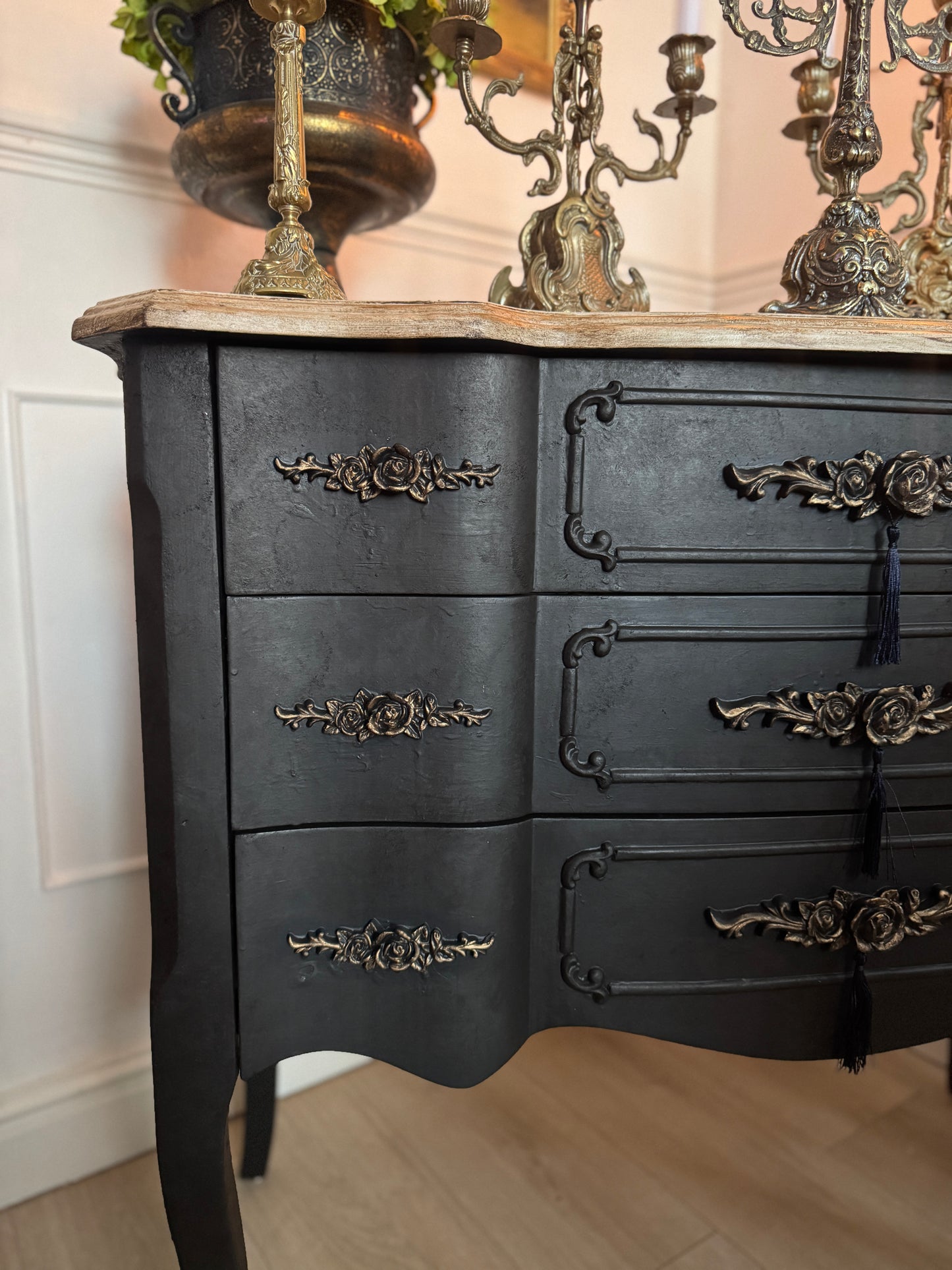 Upcycled French-Style Curved Chest of Drawers | Black Noir Vintage Dresser