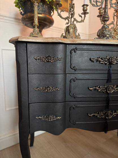 Upcycled French-Style Curved Chest of Drawers | Black Noir Vintage Dresser