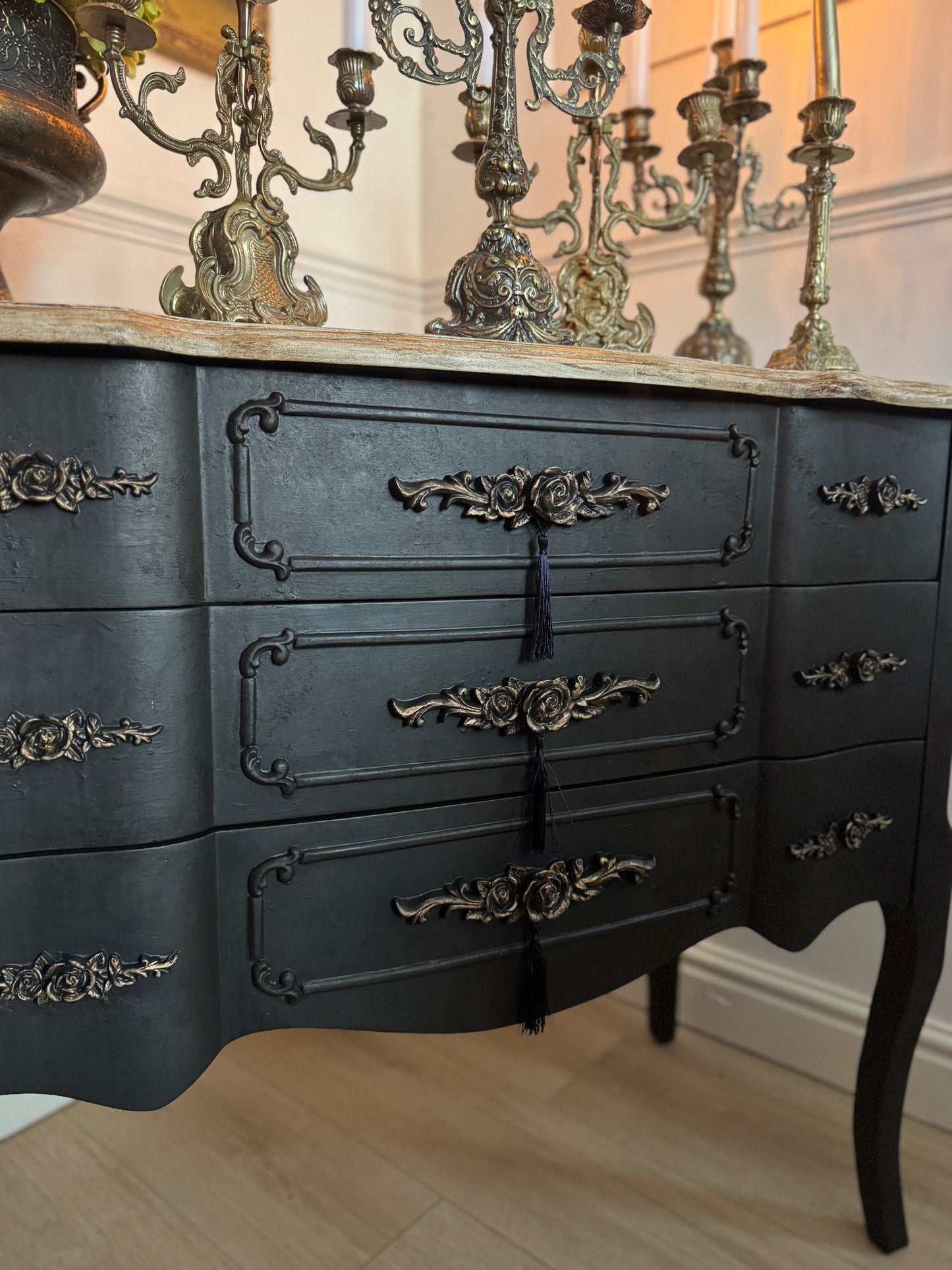 Upcycled French-Style Curved Chest of Drawers | Black Noir Vintage Dresser