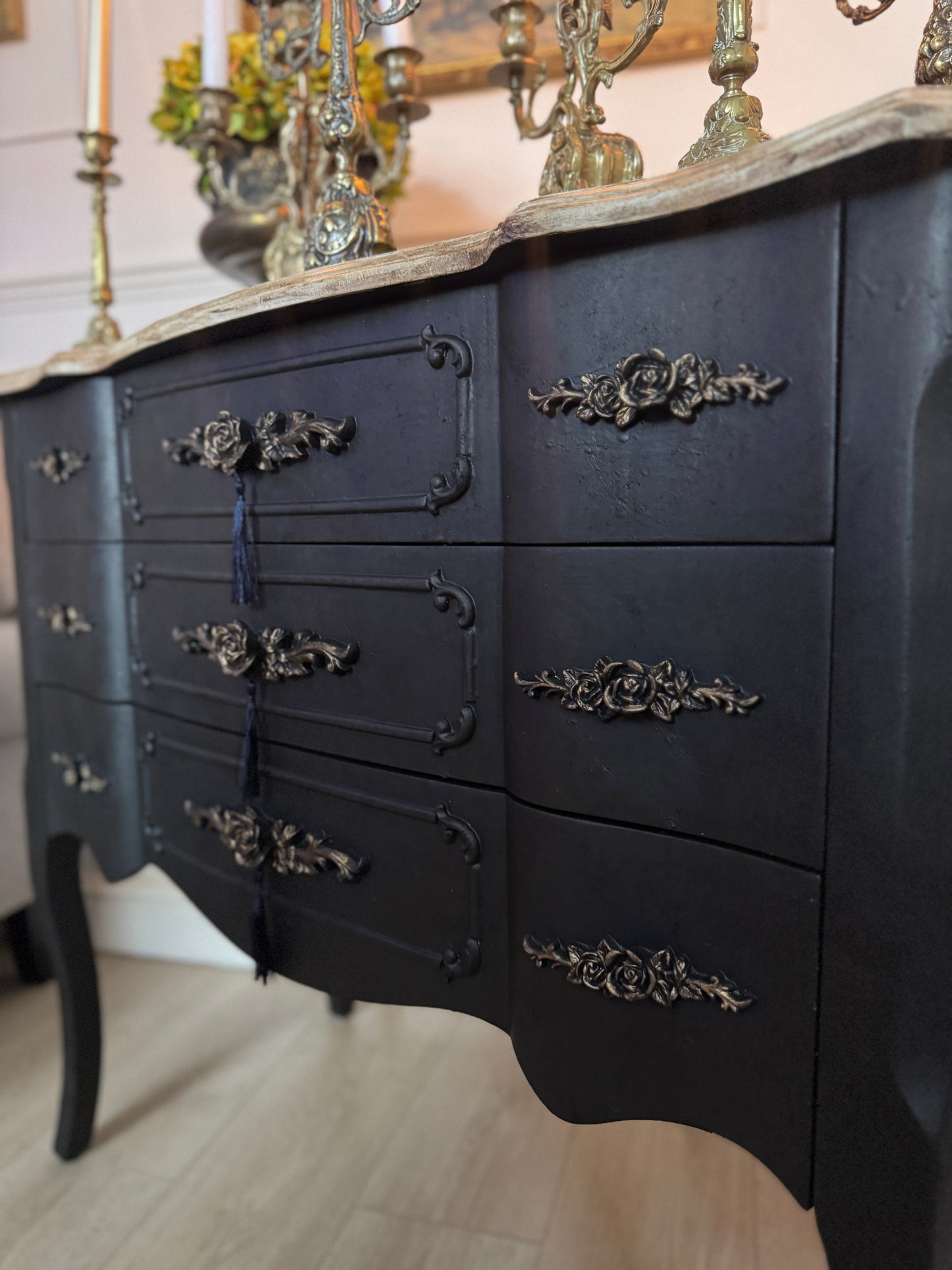 Upcycled French-Style Curved Chest of Drawers | Black Noir Vintage Dresser