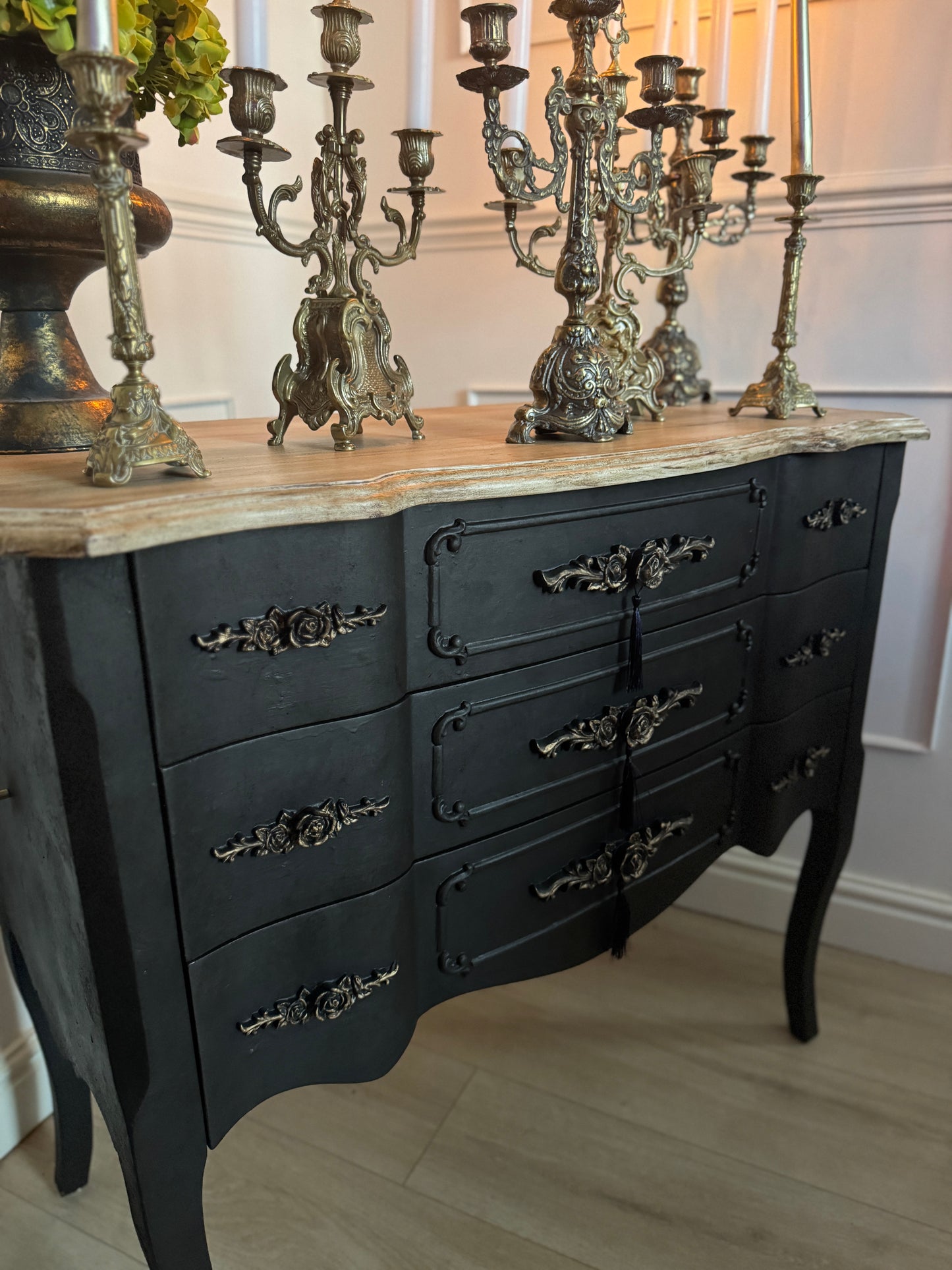 Upcycled French-Style Curved Chest of Drawers | Black Noir Vintage Dresser