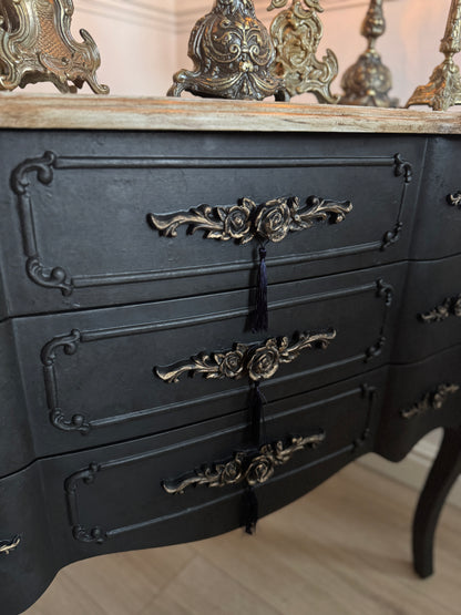 Upcycled French-Style Curved Chest of Drawers | Black Noir Vintage Dresser