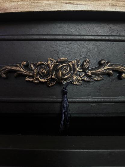 Upcycled French-Style Curved Chest of Drawers | Black Noir Vintage Dresser