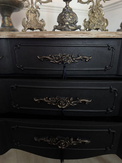 Upcycled French-Style Curved Chest of Drawers | Black Noir Vintage Dresser