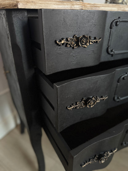 Upcycled French-Style Curved Chest of Drawers | Black Noir Vintage Dresser