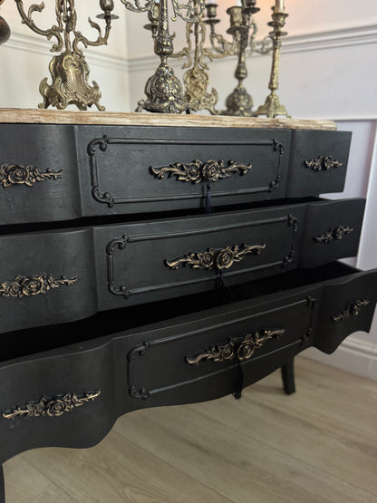 Upcycled French-Style Curved Chest of Drawers | Black Noir Vintage Dresser