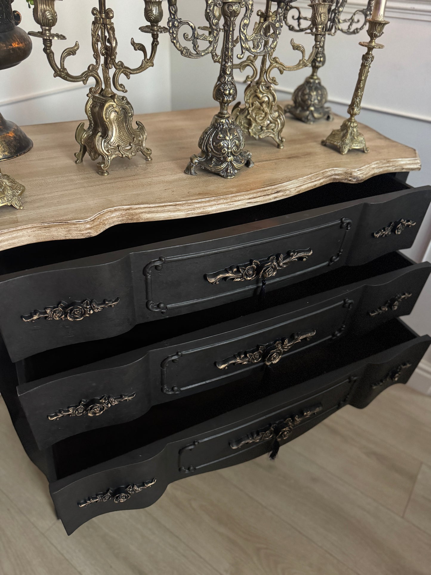 Upcycled French-Style Curved Chest of Drawers | Black Noir Vintage Dresser