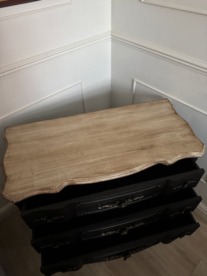 Upcycled French-Style Curved Chest of Drawers | Black Noir Vintage Dresser