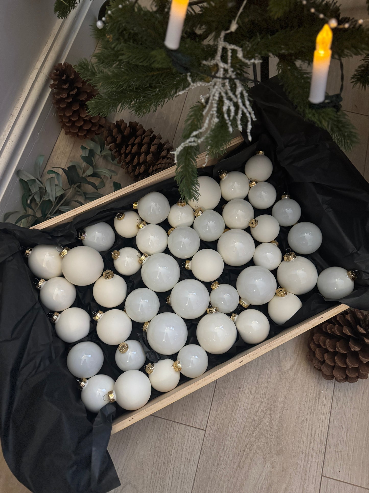 White & Off-White European Glass Christmas Baubles – Mixed Sizes, Set of 42