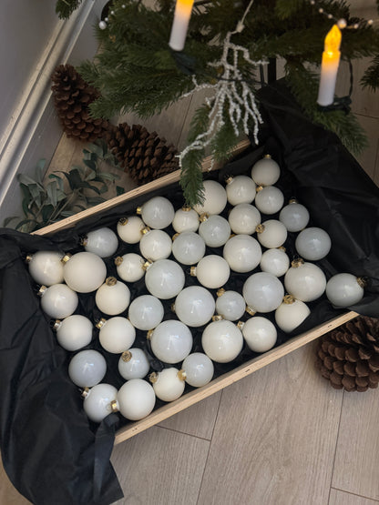 White & Off-White European Glass Christmas Baubles – Mixed Sizes, Set of 42