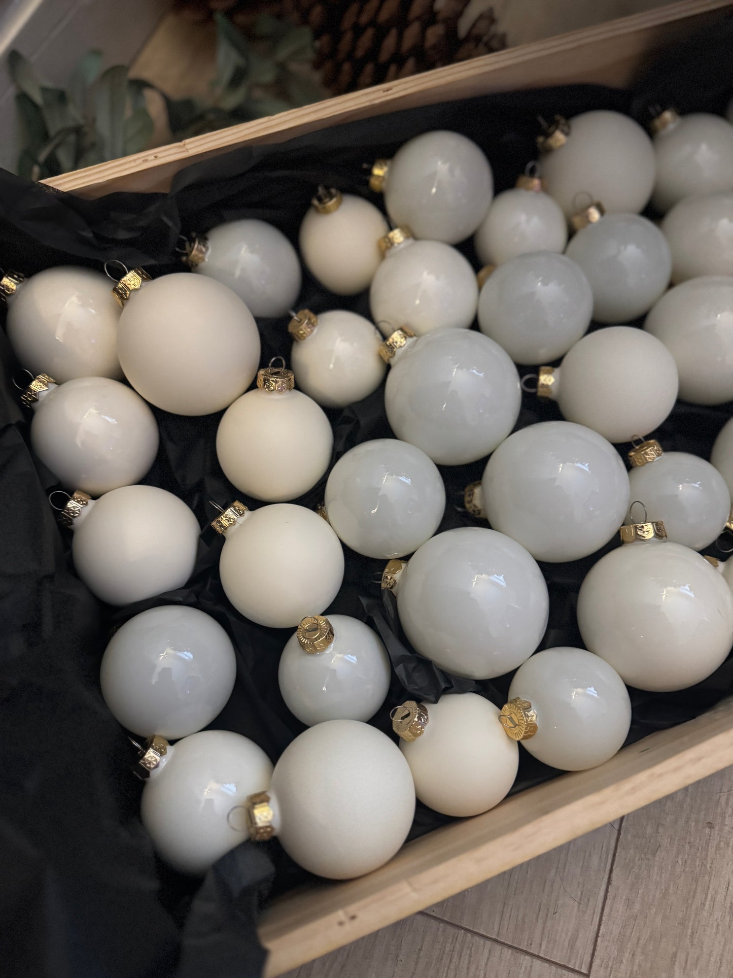 White & Off-White European Glass Christmas Baubles – Mixed Sizes, Set of 42