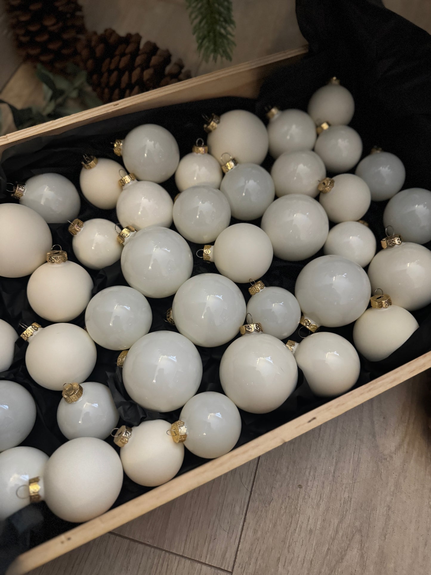 White & Off-White European Glass Christmas Baubles – Mixed Sizes, Set of 42