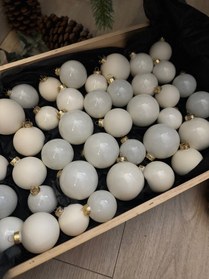 White & Off-White European Glass Christmas Baubles – Mixed Sizes, Set of 42
