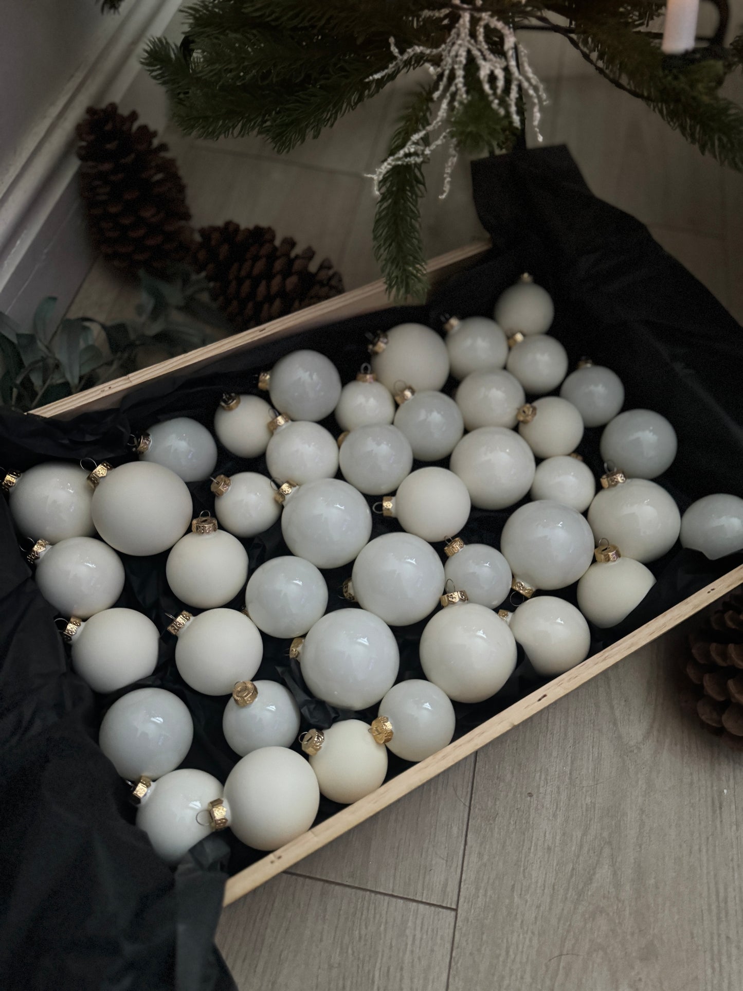 White & Off-White European Glass Christmas Baubles – Mixed Sizes, Set of 42
