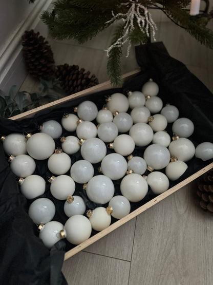 White & Off-White European Glass Christmas Baubles – Mixed Sizes, Set of 42