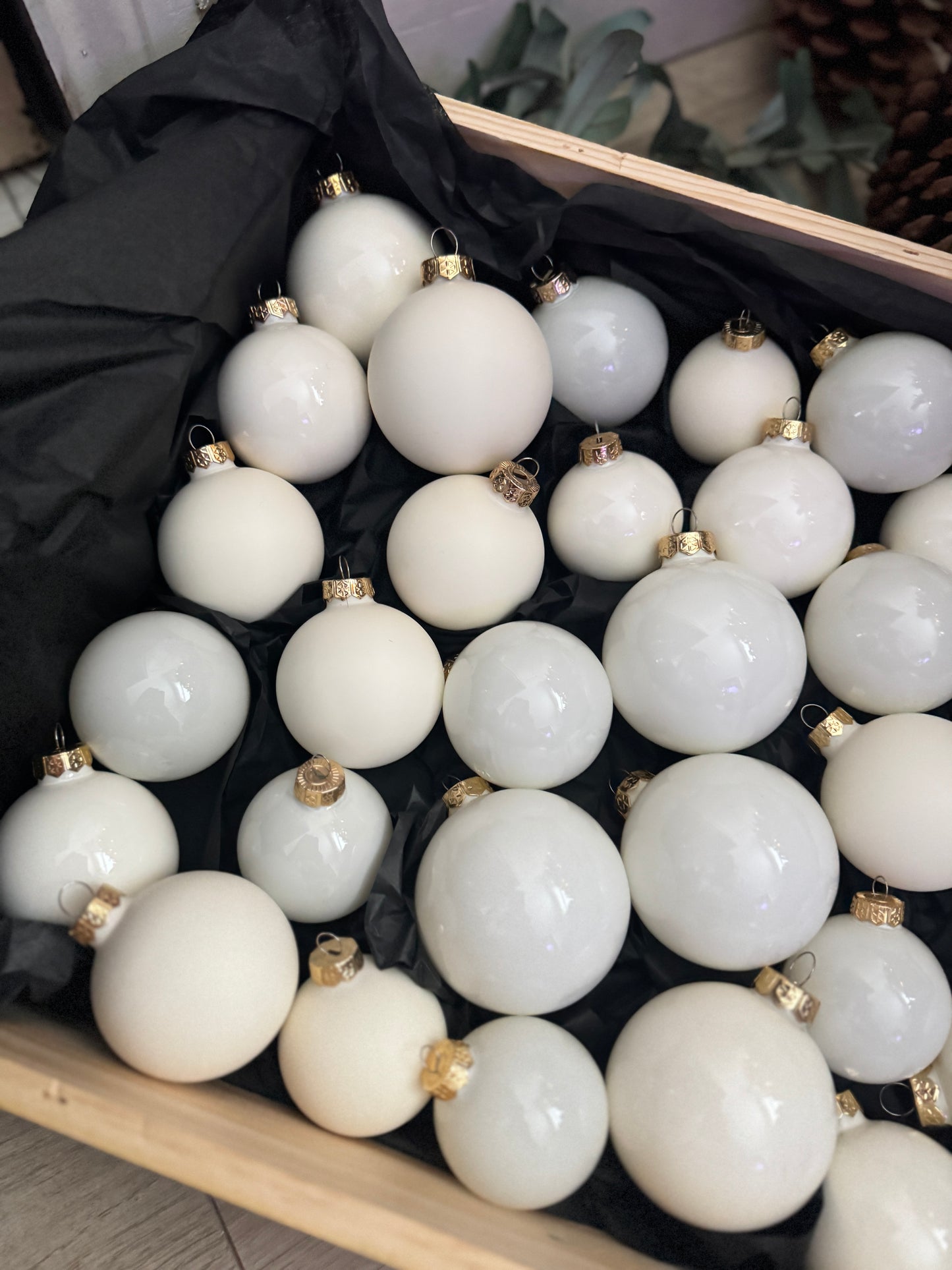 White & Off-White European Glass Christmas Baubles – Mixed Sizes, Set of 42
