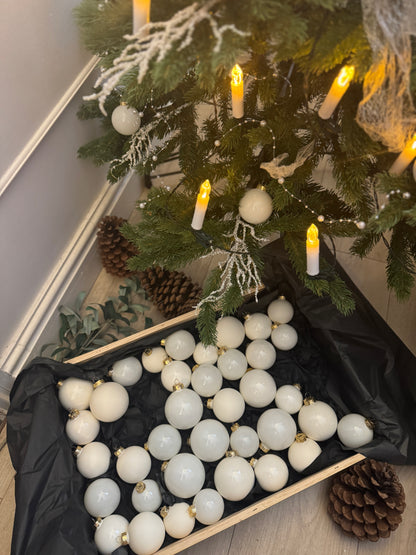 White & Off-White European Glass Christmas Baubles – Mixed Sizes, Set of 42