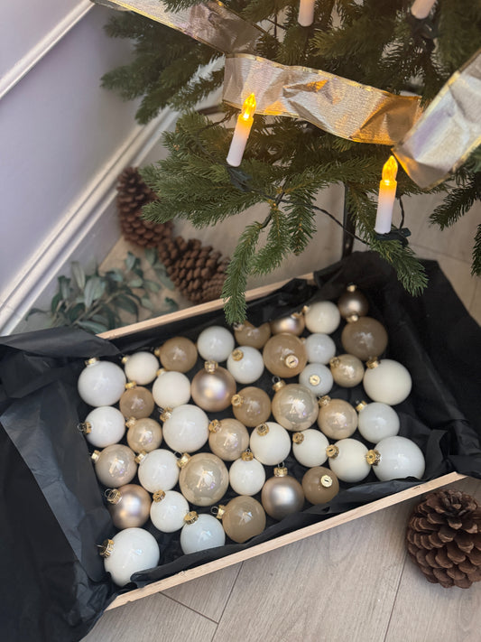Beige & Pearl White European Glass Christmas Baubles – Mixed Sizes, Set of 41