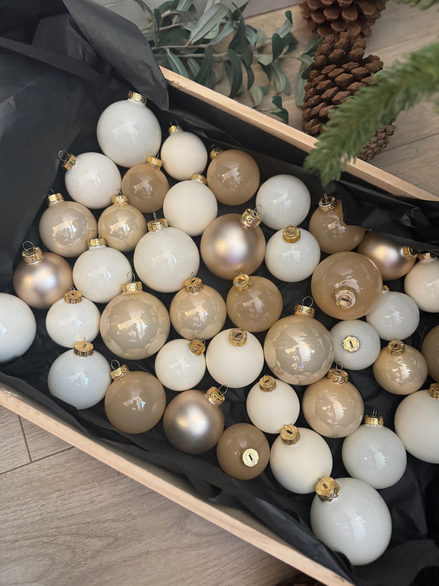 Beige & Pearl White European Glass Christmas Baubles – Mixed Sizes, Set of 41