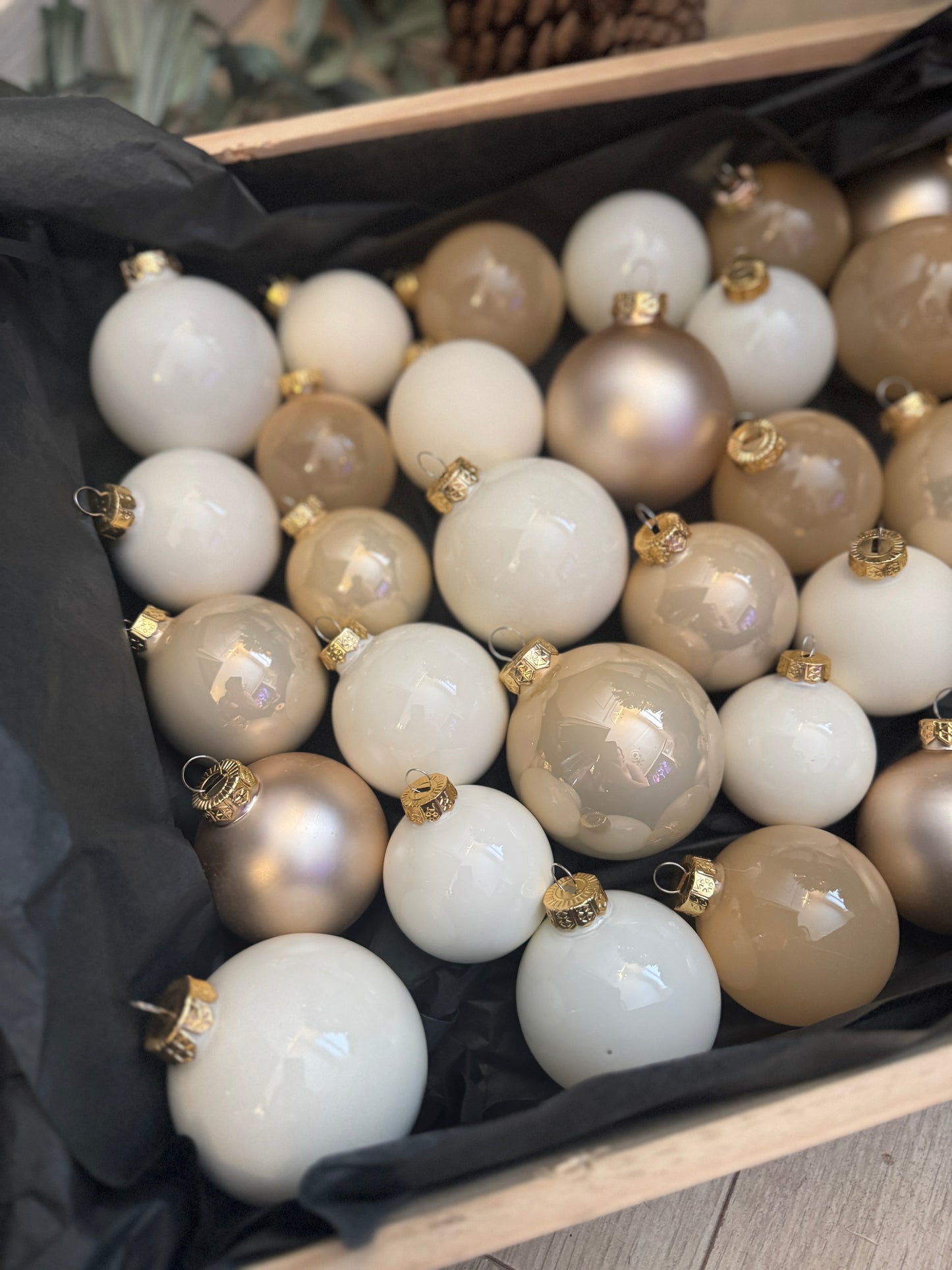 Beige & Pearl White European Glass Christmas Baubles – Mixed Sizes, Set of 41