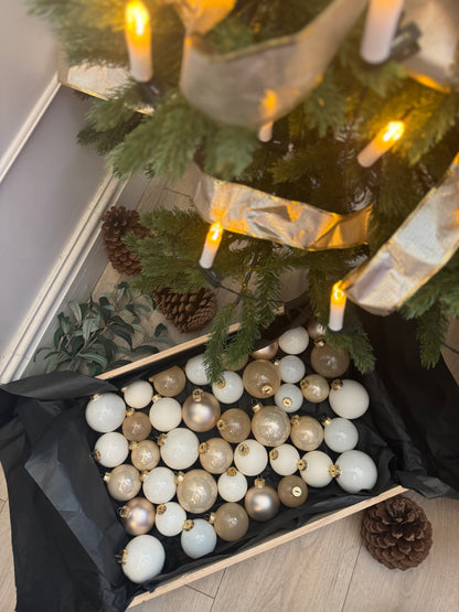 Beige & Pearl White European Glass Christmas Baubles – Mixed Sizes, Set of 41