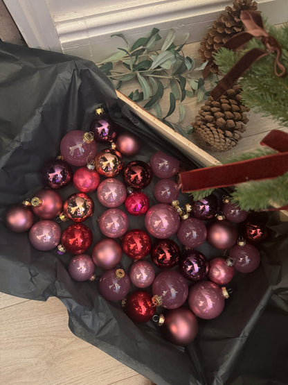 Purple European Glass Christmas Baubles – Mixed Sizes, Set of 36