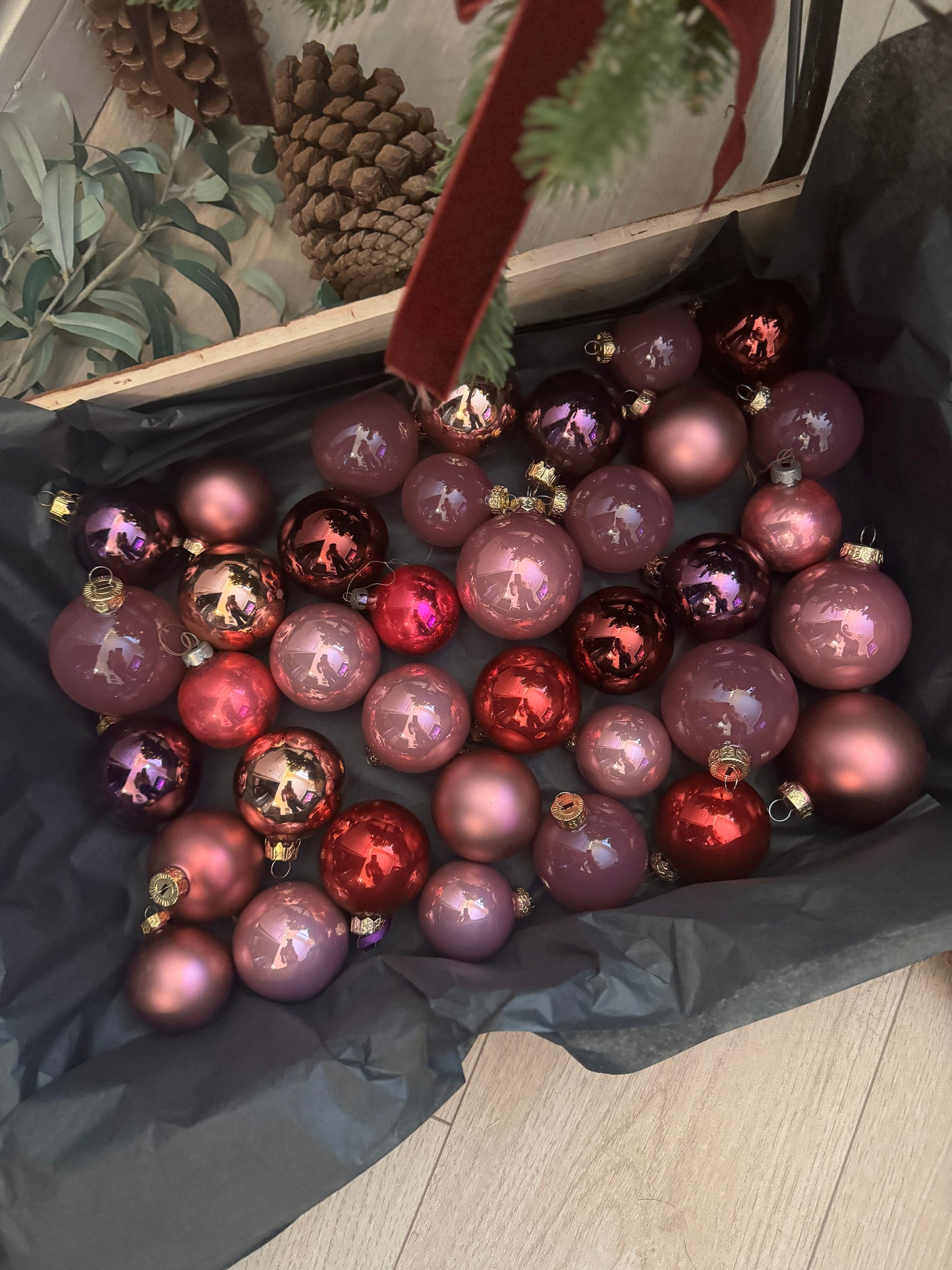 Purple European Glass Christmas Baubles – Mixed Sizes, Set of 36