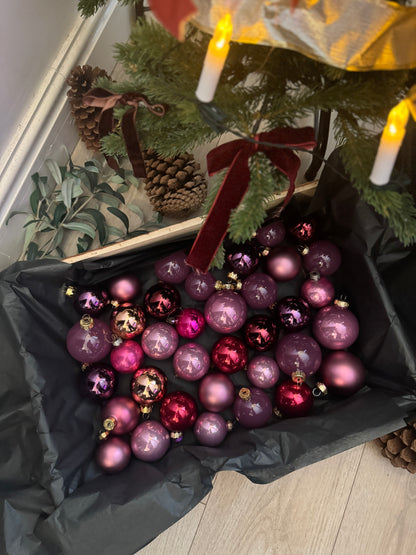 Purple European Glass Christmas Baubles – Mixed Sizes, Set of 36