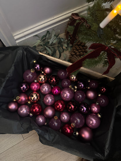 Purple European Glass Christmas Baubles – Mixed Sizes, Set of 36