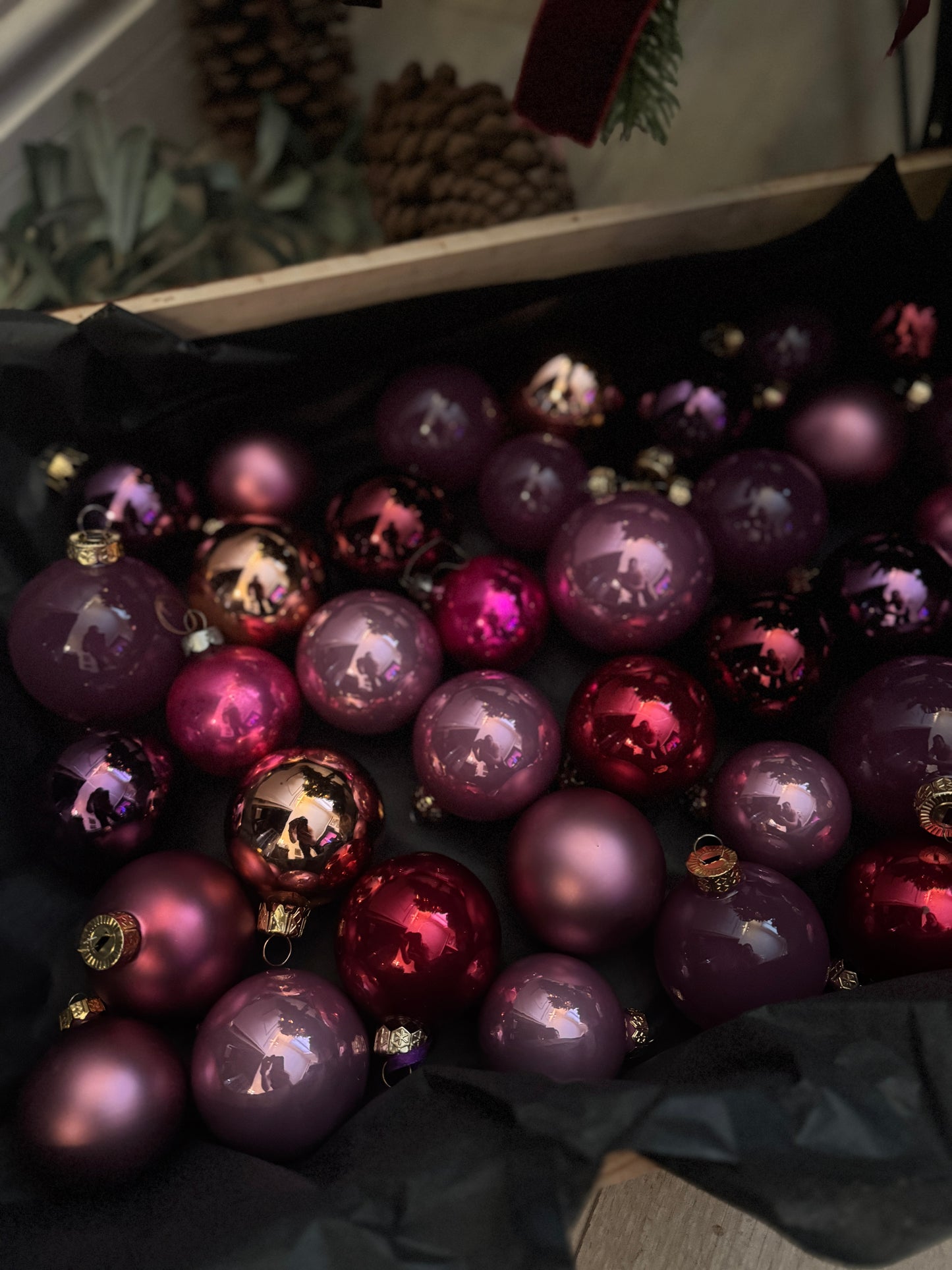 Purple European Glass Christmas Baubles – Mixed Sizes, Set of 36