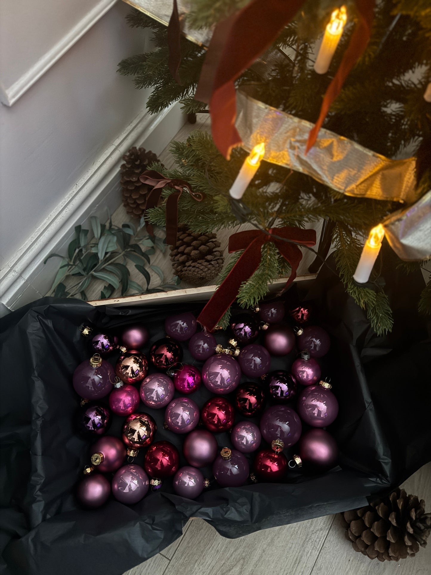 Purple European Glass Christmas Baubles – Mixed Sizes, Set of 36