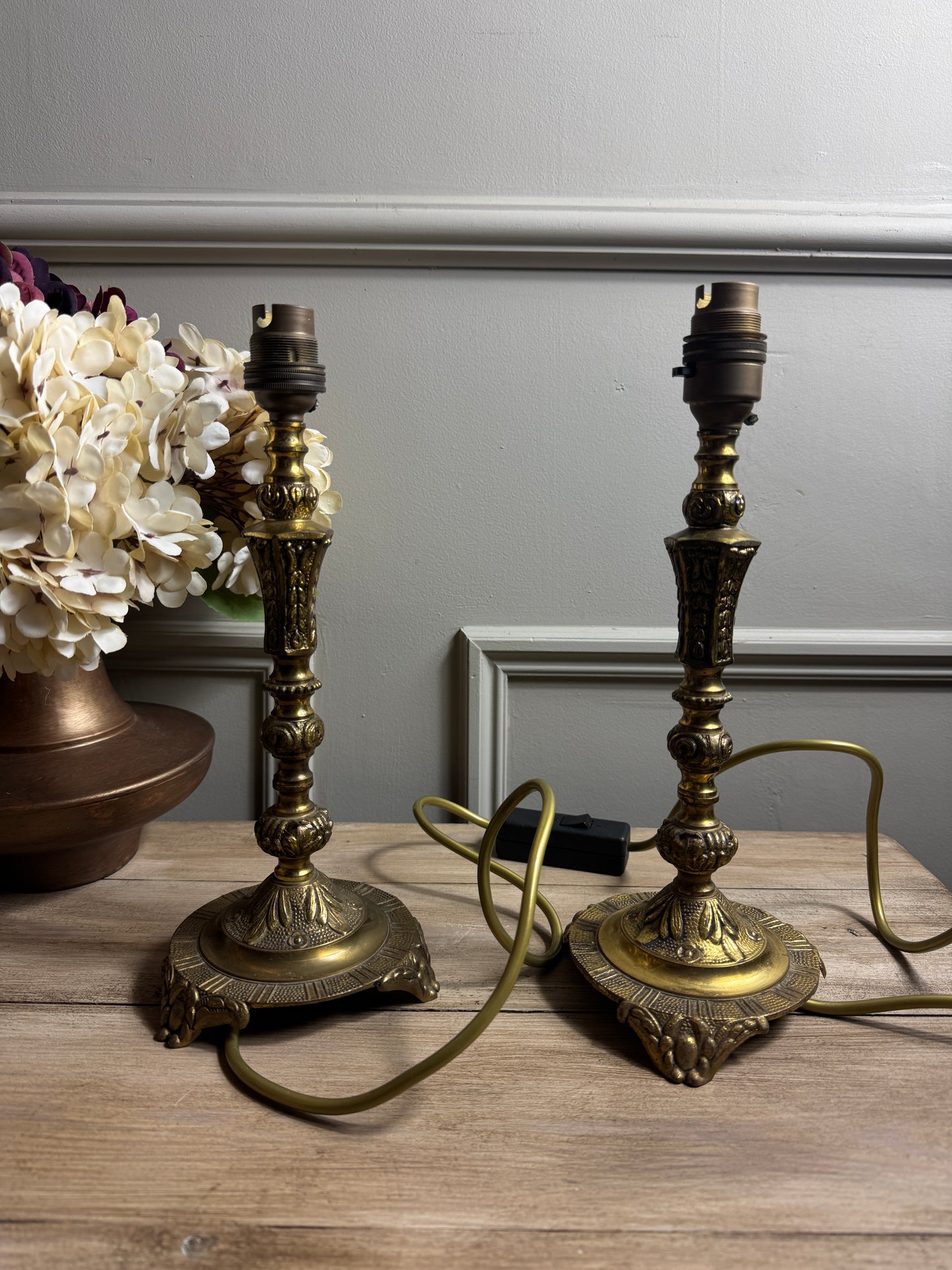 Vintage Brass Candlestick Table Lamps with Floral Lampshades  – Matching Pair