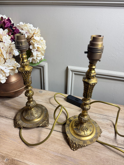 Vintage Brass Candlestick Table Lamps with Floral Lampshades  – Matching Pair