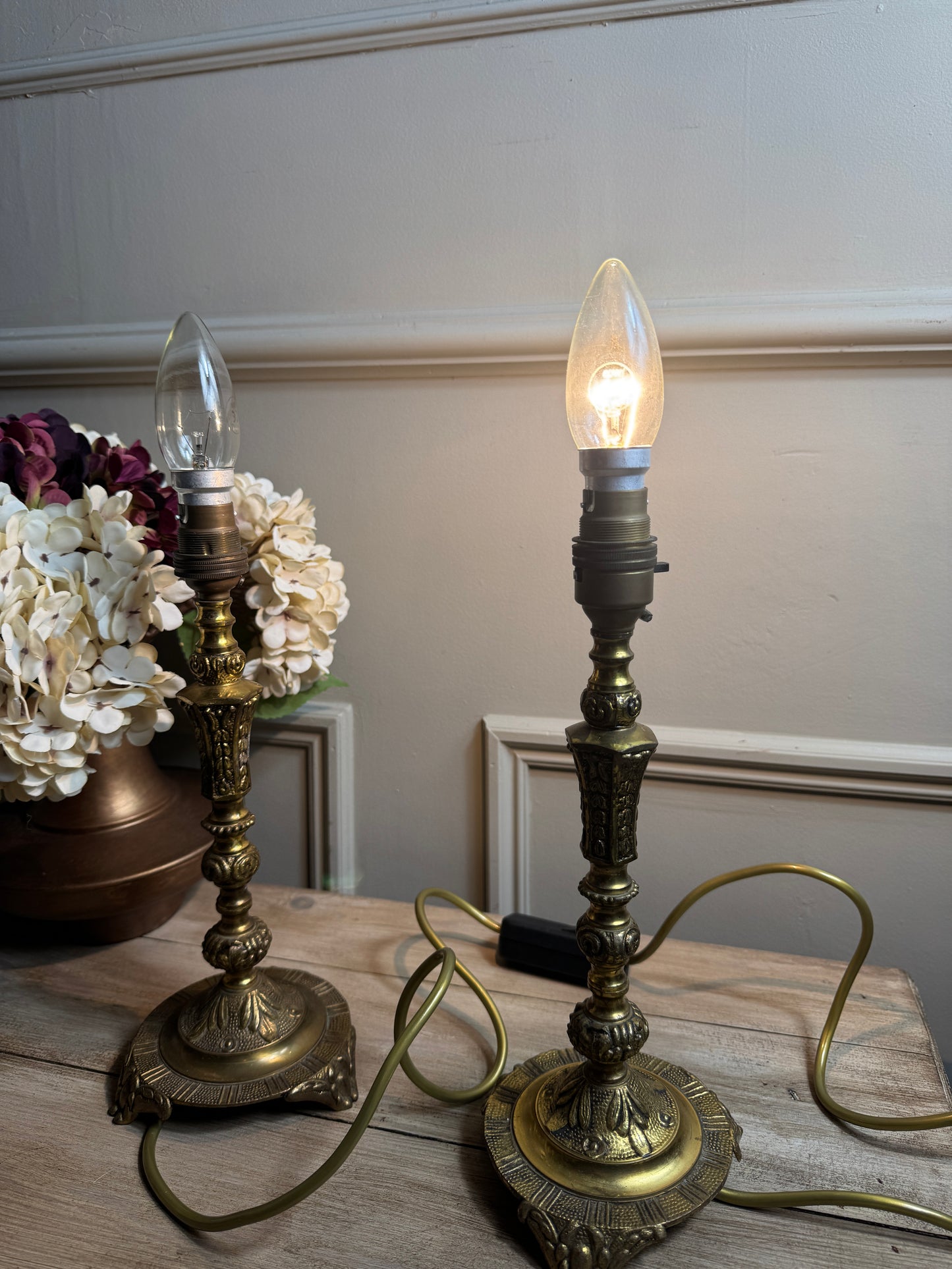 Vintage Brass Candlestick Table Lamps with Floral Lampshades  – Matching Pair
