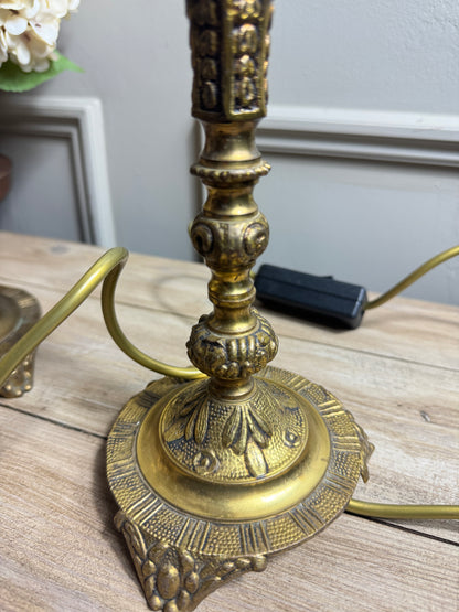 Vintage Brass Candlestick Table Lamps with Floral Lampshades  – Matching Pair