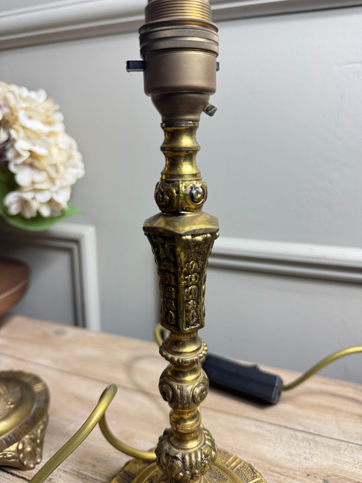 Vintage Brass Candlestick Table Lamps with Floral Lampshades  – Matching Pair