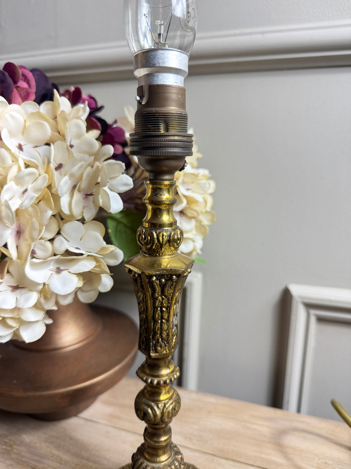 Vintage Brass Candlestick Table Lamps with Floral Lampshades  – Matching Pair