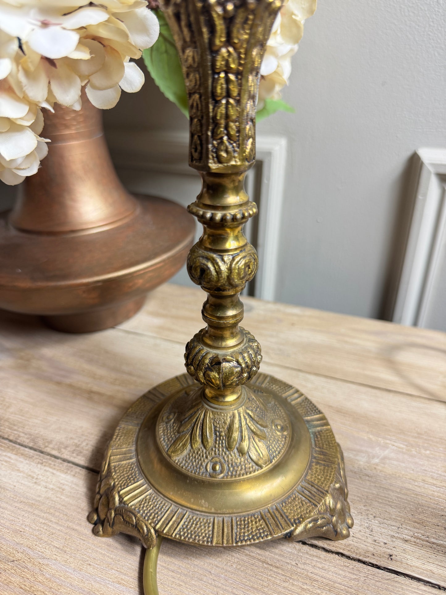 Vintage Brass Candlestick Table Lamps with Floral Lampshades  – Matching Pair