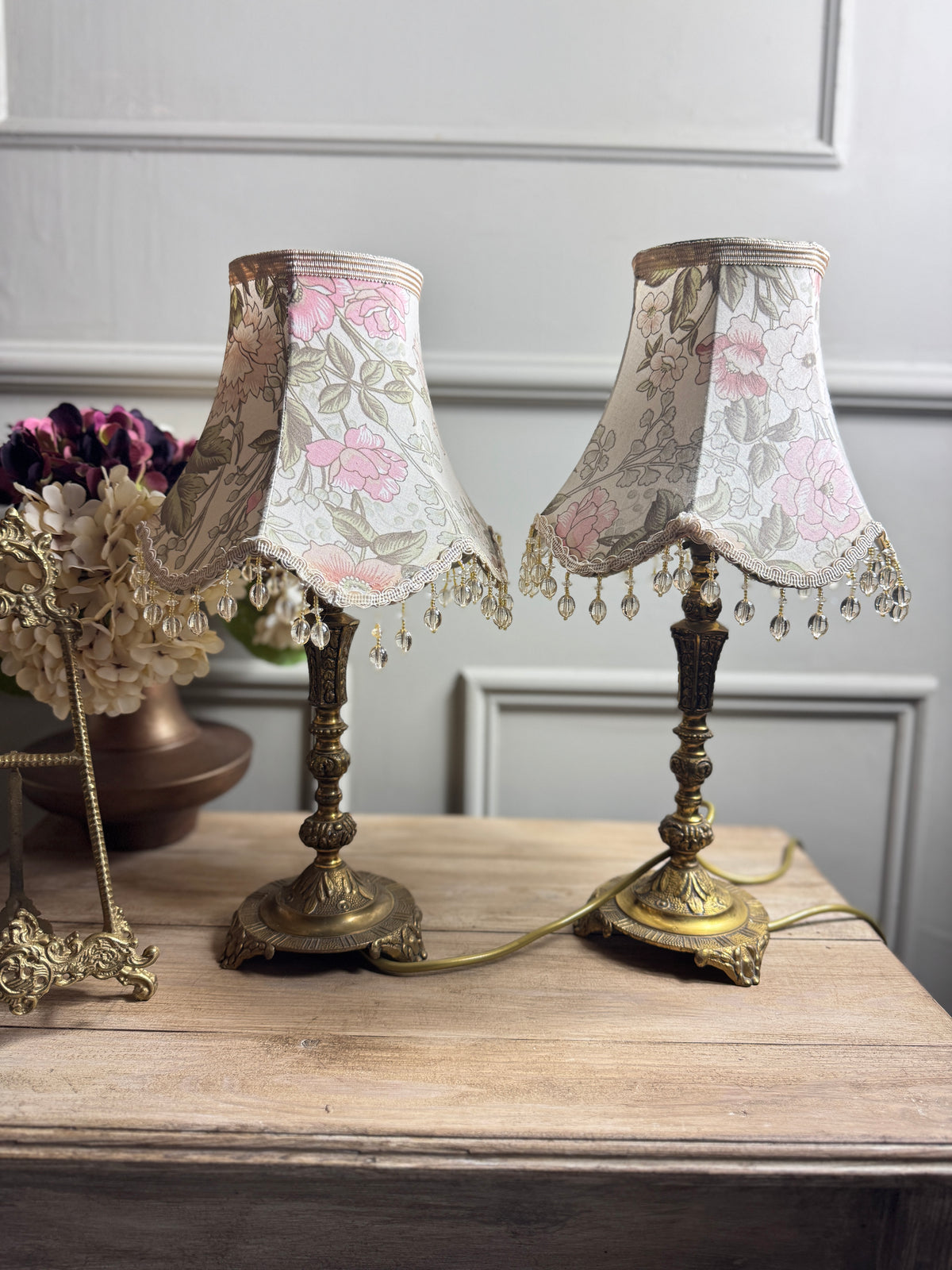 Vintage Brass Candlestick Table Lamps with Floral Lampshades  – Matching Pair