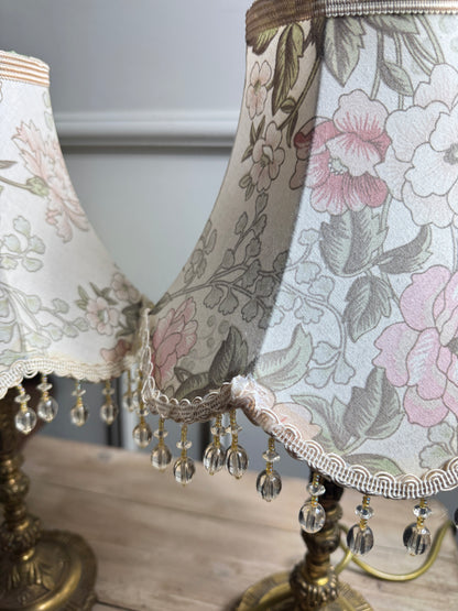 Vintage Brass Candlestick Table Lamps with Floral Lampshades  – Matching Pair