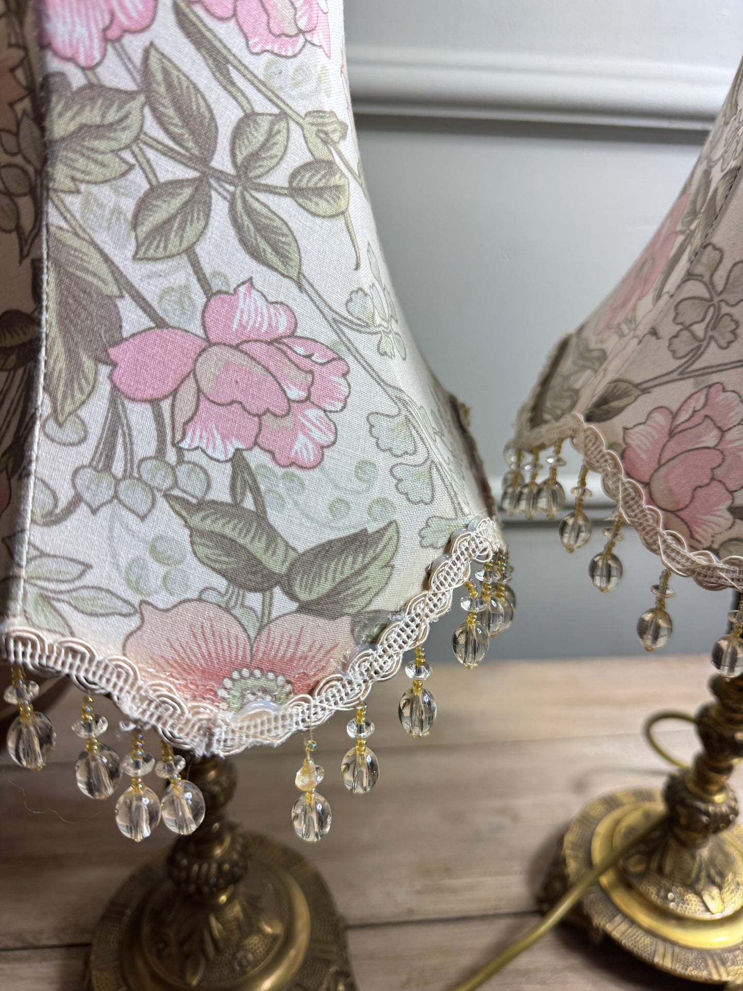 Vintage Brass Candlestick Table Lamps with Floral Lampshades  – Matching Pair
