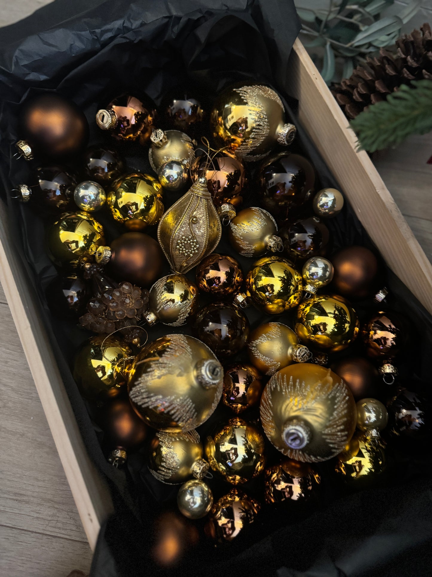 Brown Mixed-Tone European Glass Christmas Baubles – Mixed Sizes and Sets