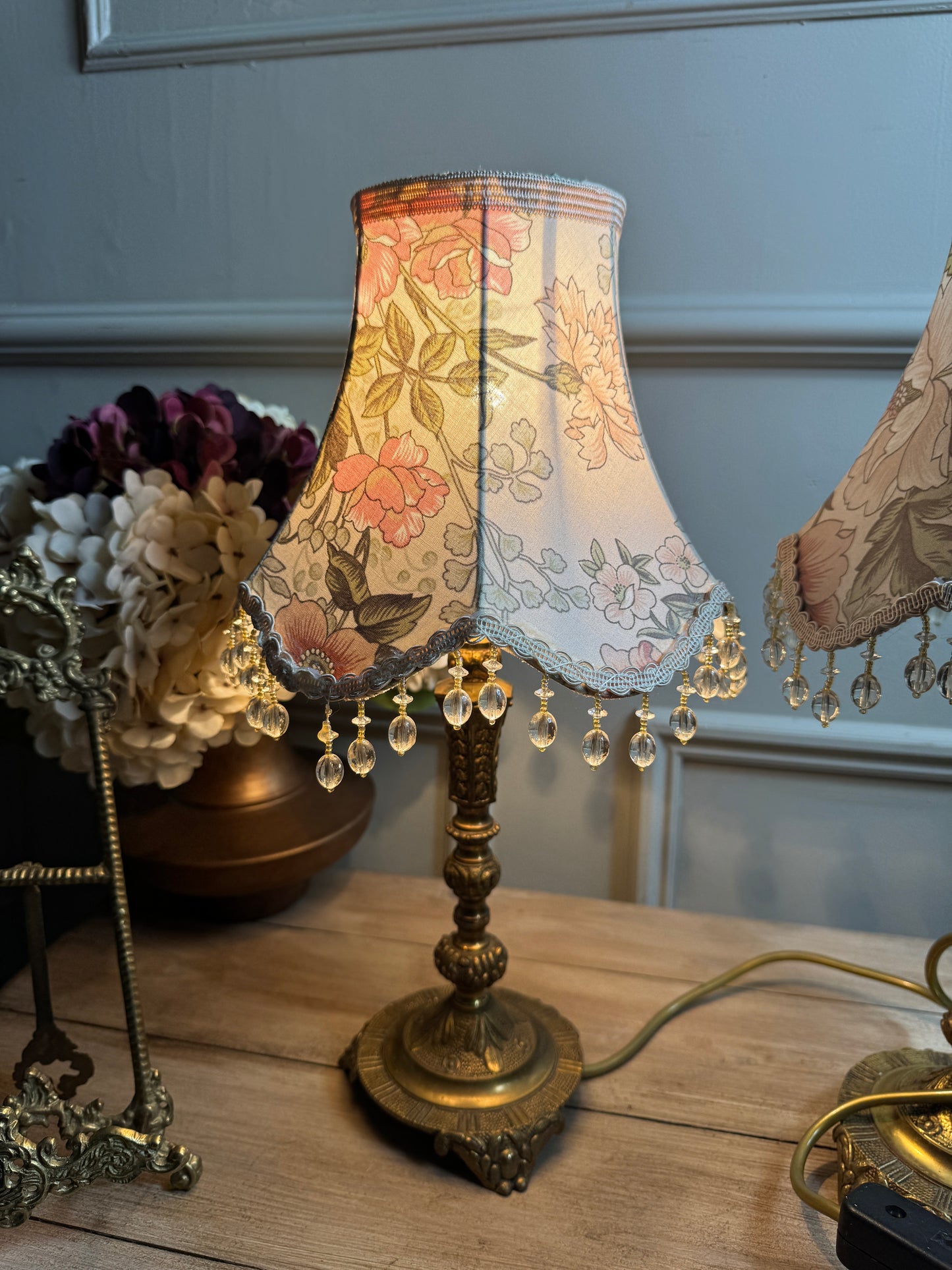 Vintage Brass Candlestick Table Lamps with Floral Lampshades  – Matching Pair